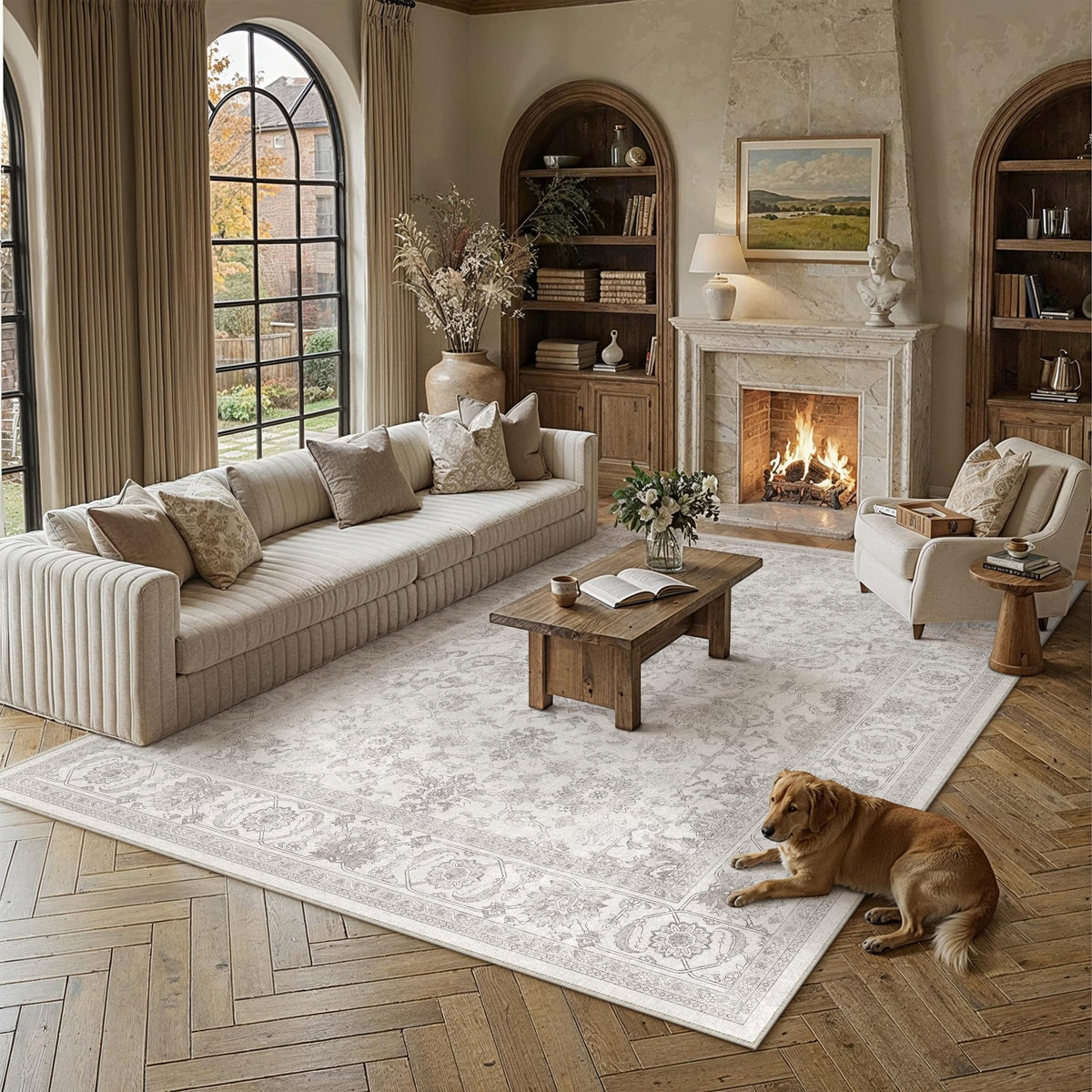 PureCozy 5x7 Beige Area Rug for Living Room Vintage Distressed