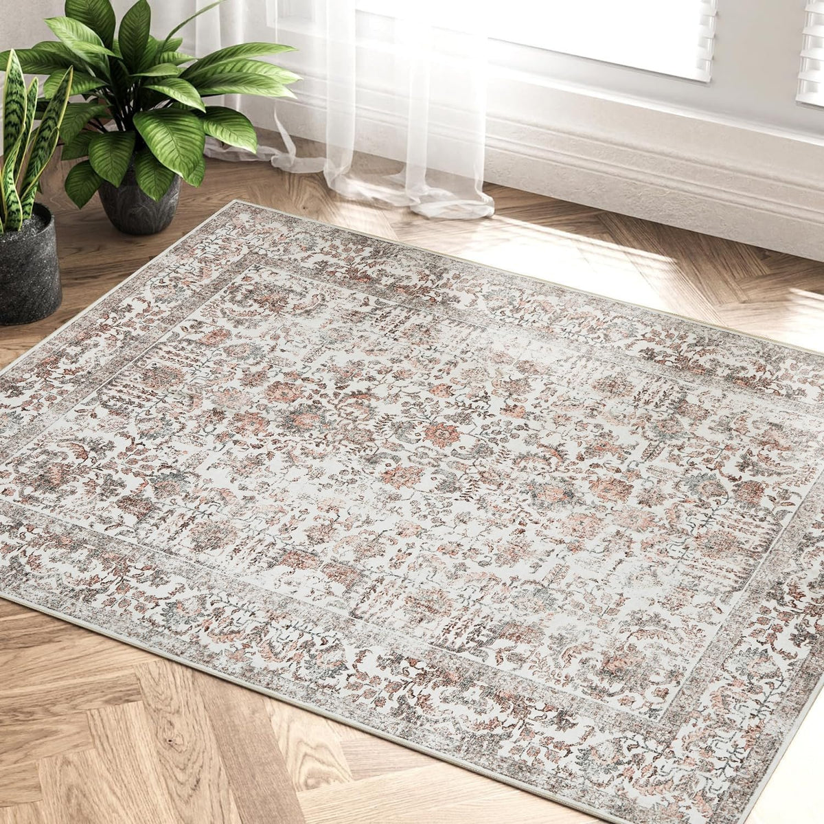 PureCozy Beige Area Rug 5x7 Vintage Farmhouse Floral