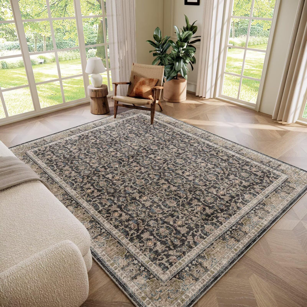 Washable 10x14 Area Rugs for Living Room, Ivory/Sage Gold