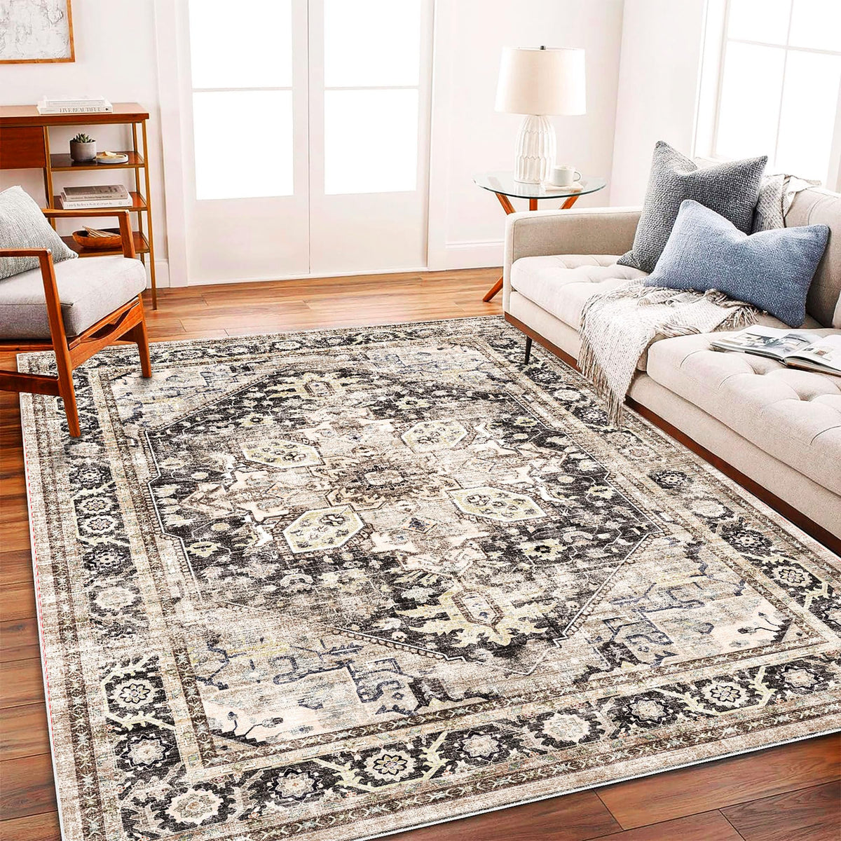 CHAMPLANT Area Rug 4x6 Washable Rug Gray Vintage Traditional Floor Cover Foldable Thin Retro Accent Indoor Distressed Non Slip Carpet Floral Print Mat Bedroom Living Room Bathroom
