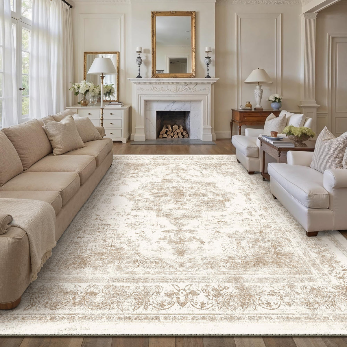 PureCozy Beige Area Rug 5x7 Vintage Farmhouse Floral