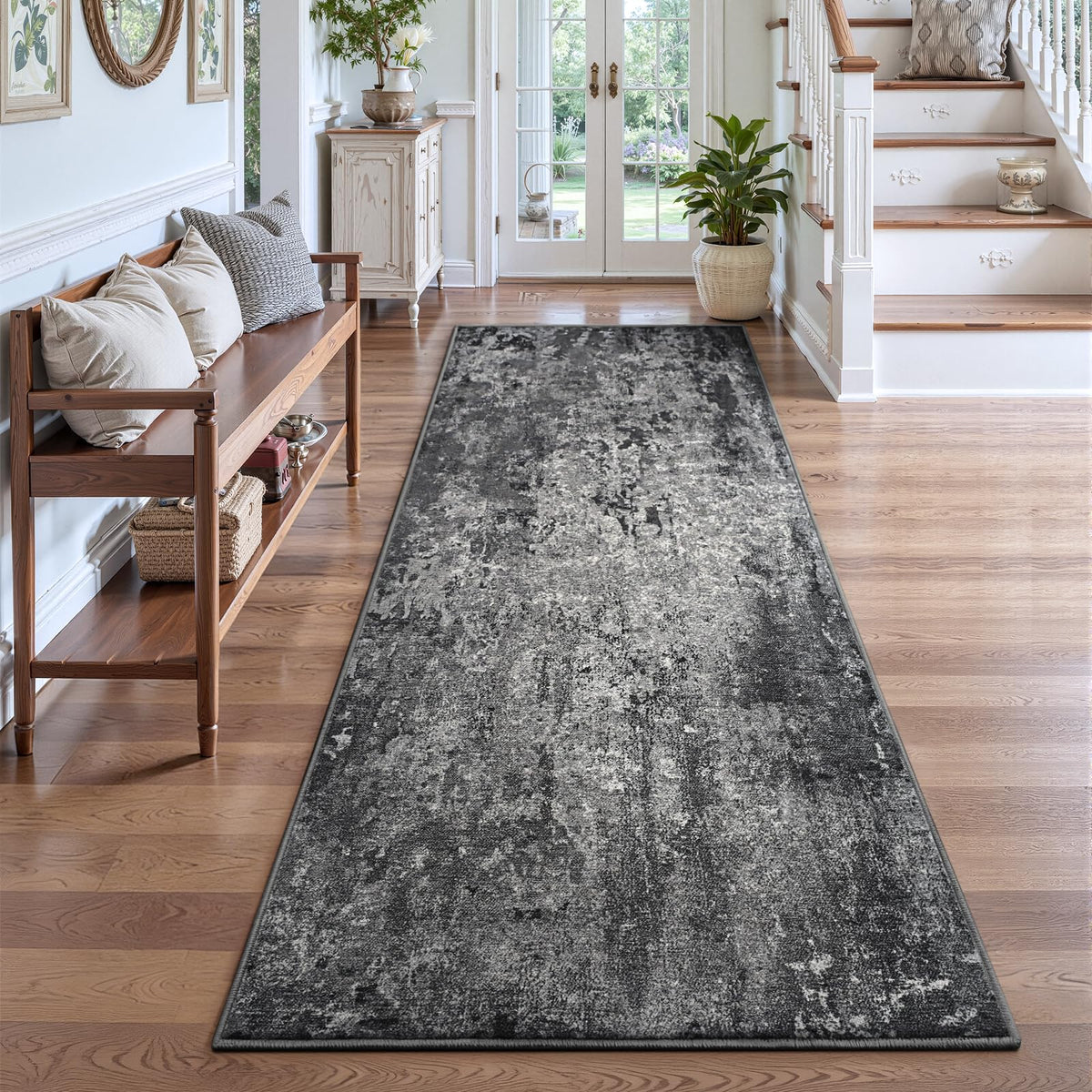 Living Room Rug 5x7 Gray Area Rug Machine Washable Boho Rug Non Slip Abstract Vintage Indoor Large Rugs for Bedroom, Classroom, College Dorm, Farmhouse, Dining Room, Kids Playroom