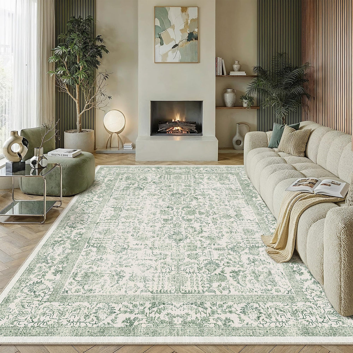 PureCozy Beige Area Rug 5x7 Vintage Farmhouse Floral