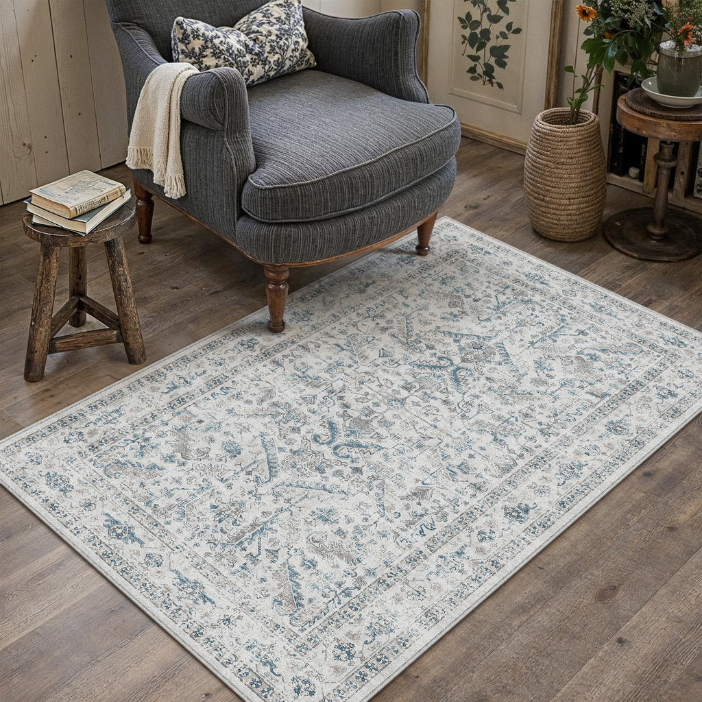 PureCozy Beige Area Rug 5x7 Vintage Farmhouse Floral