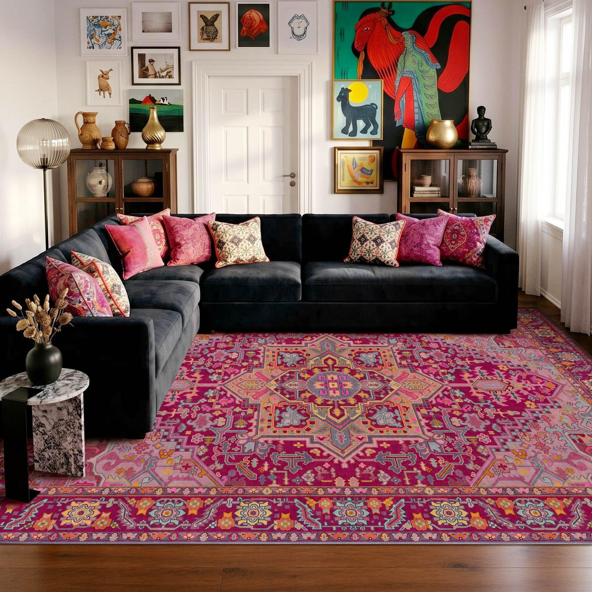 Kokia 9x12 Washable Area Rugs Maroon with Vintage Orient Design, Soft Rug for Living Room or Bedroom, Non-Slip Low Pile Stain Resistance Features, Distressed Medallion Pattern