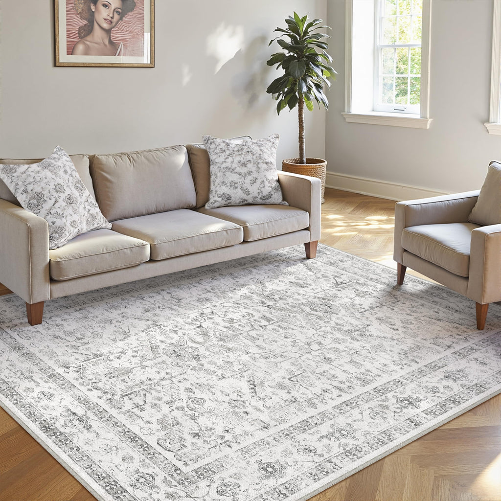 PureCozy Beige Area Rug 5x7 Vintage Farmhouse Floral