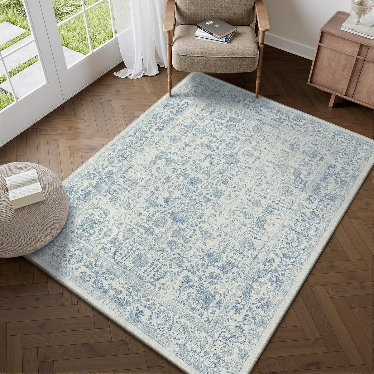 PureCozy Beige Area Rug 5x7 Vintage Farmhouse Floral