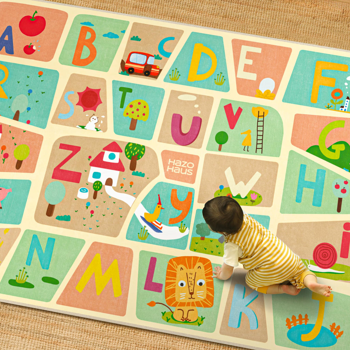 Hazo Haus Washable Kids Playroom Rug – 5x7 Play Rug for Preschool Toddlers, Girls, Educational with Cute Animals – Non-Slip, Stain Resistant, Soft & Safe for Bedroom, Play Room and Classroom - Blue