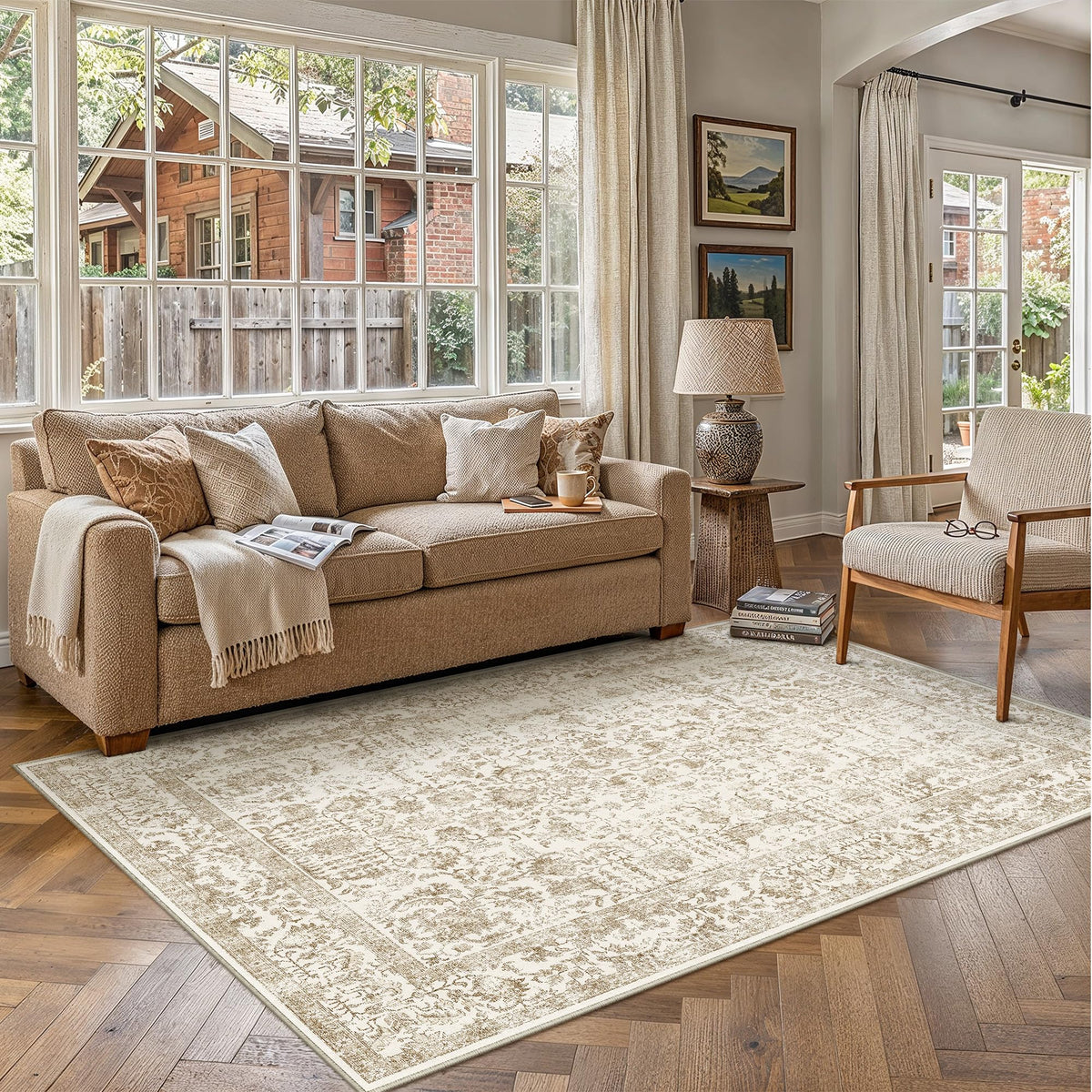 PureCozy Beige Area Rug 5x7 Vintage Farmhouse Floral