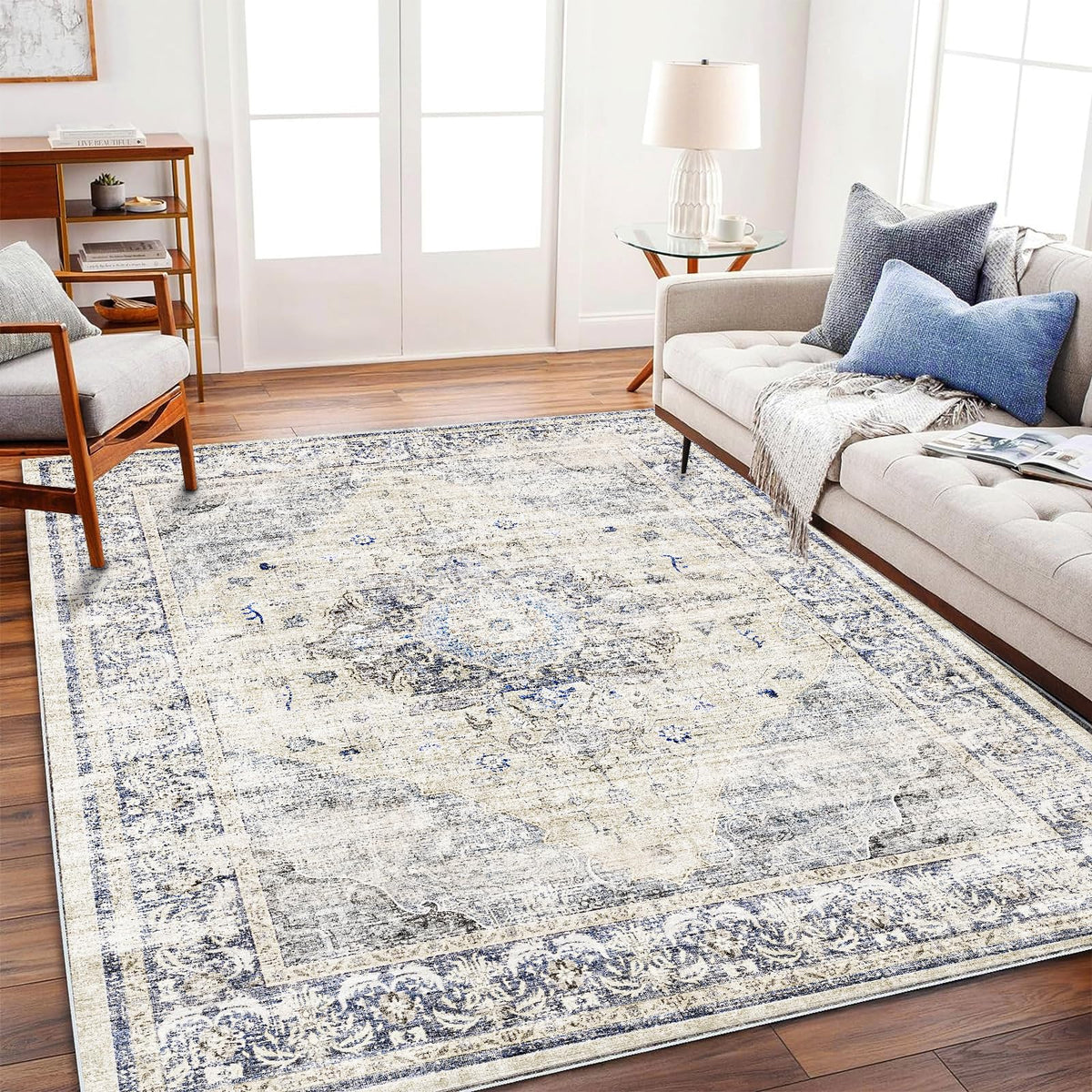 CHAMPLANT Area Rug 4x6 Washable Rug Gray Vintage Traditional Floor Cover Foldable Thin Retro Accent Indoor Distressed Non Slip Carpet Floral Print Mat Bedroom Living Room Bathroom