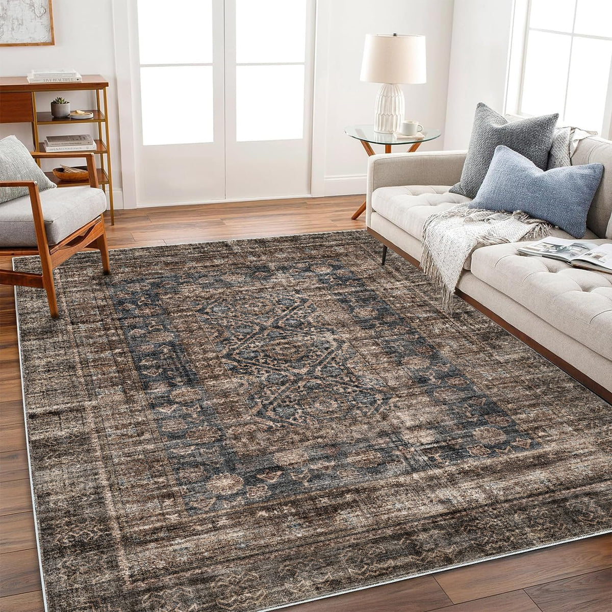 CHAMPLANT Area Rug 4x6 Washable Rug Gray Vintage Traditional Floor Cover Foldable Thin Retro Accent Indoor Distressed Non Slip Carpet Floral Print Mat Bedroom Living Room Bathroom