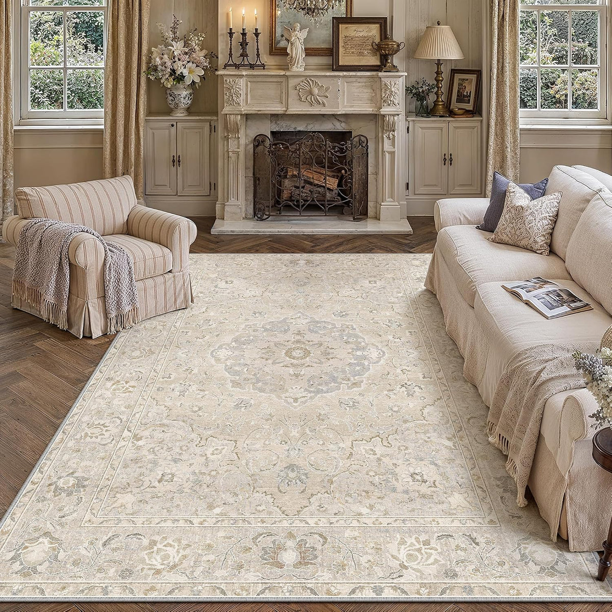 8x10 Beige Area Rug Vintage Carpet