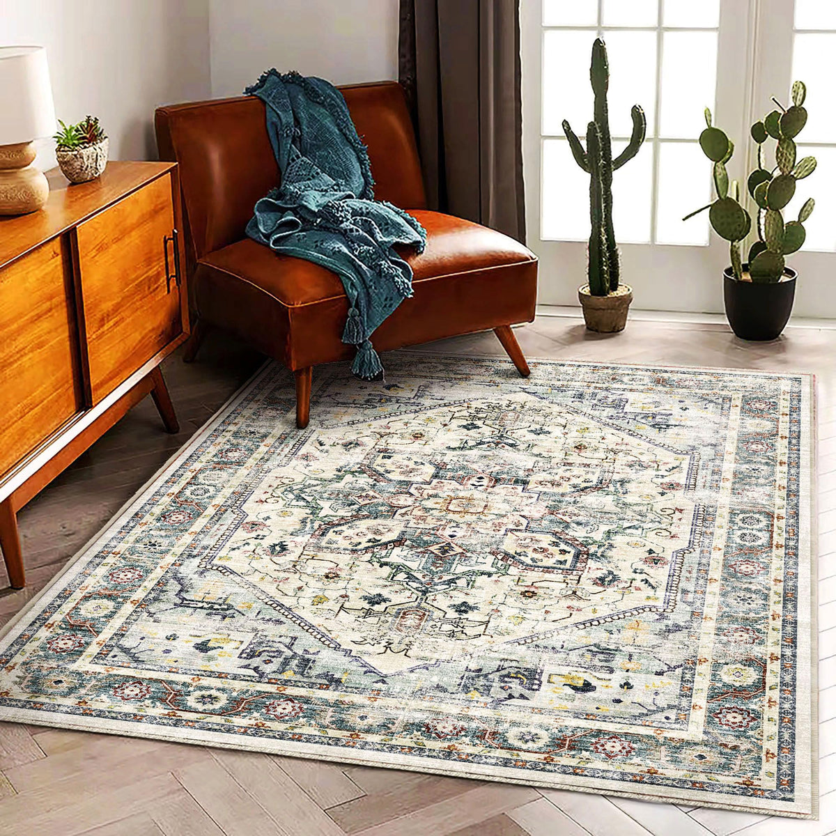 CHAMPLANT Area Rug 4x6 Washable Rug Gray Vintage Traditional Floor Cover Foldable Thin Retro Accent Indoor Distressed Non Slip Carpet Floral Print Mat Bedroom Living Room Bathroom