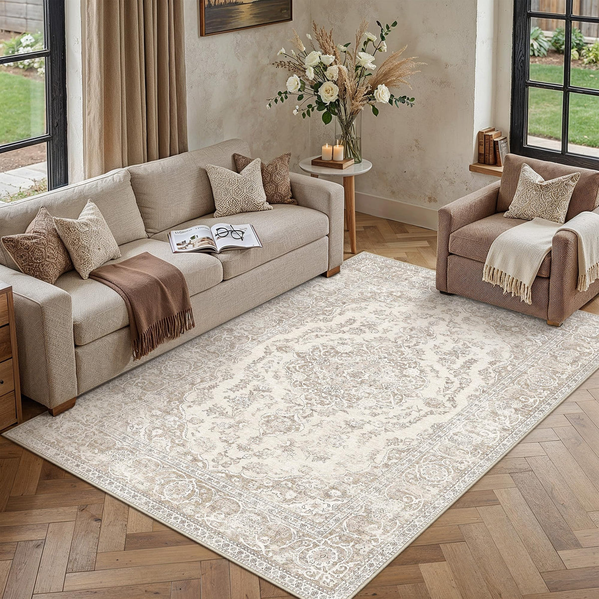 PureCozy 5x7 Beige Area Rug for Living Room Vintage Distressed