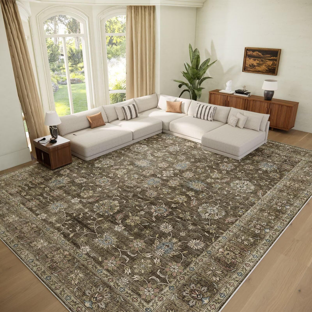 Washable 10x14 Area Rugs for Living Room, Ivory/Sage Gold