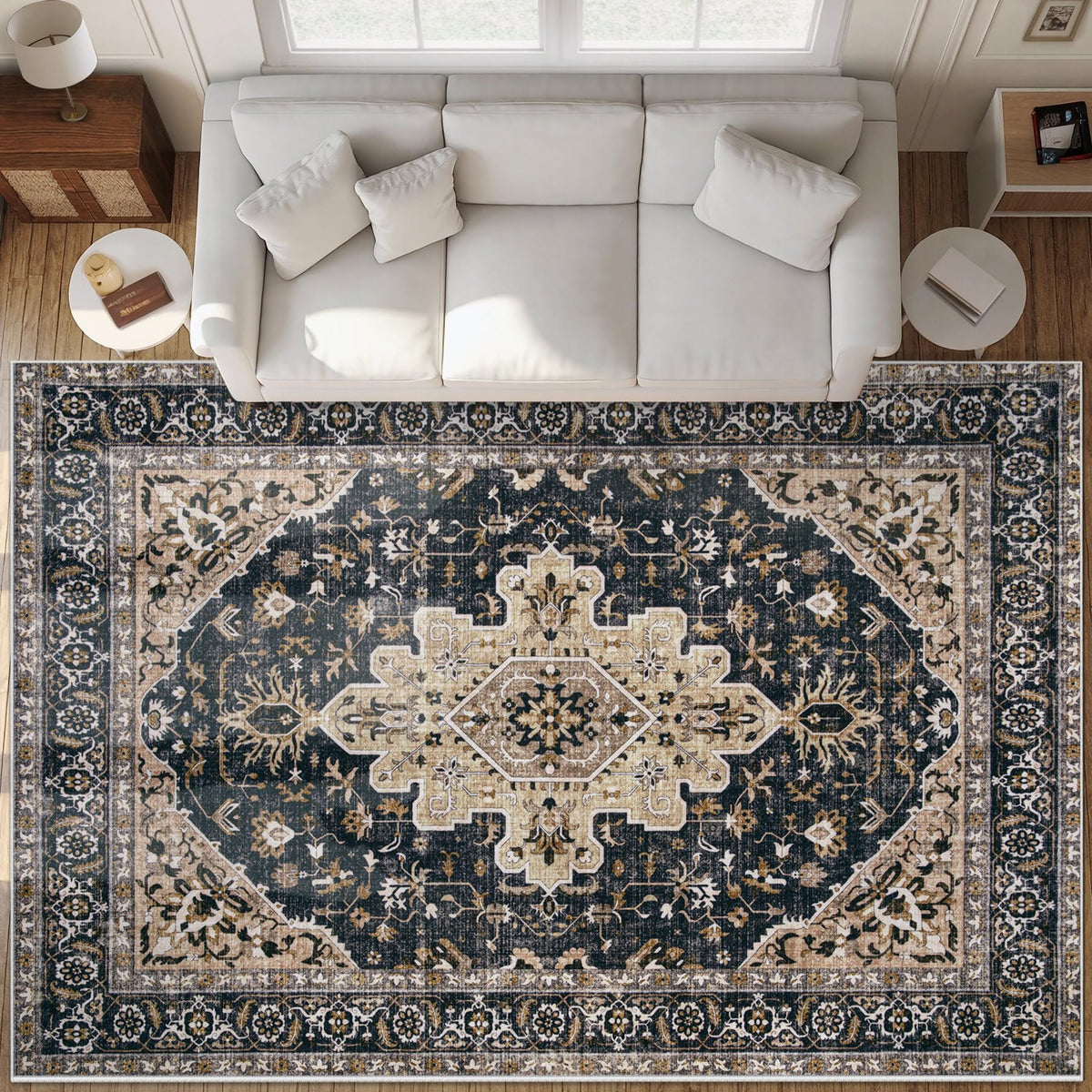 Area Rug 5x7 Vintage Rugs: Washable Living Room Rug Retro Medallion Distressed Large Rug Soft Low Pile Non-Slip Rugs Indoor Floor Carpet for Bedroom Kitchen Nursery Dining Table Office (Beige/Brown)