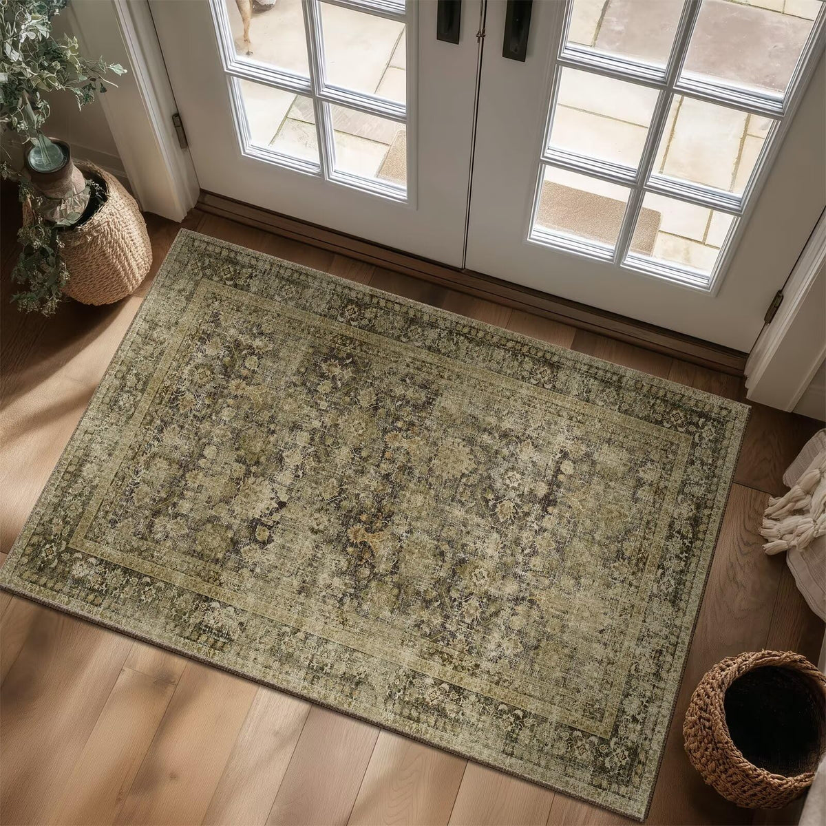 Washable 10x14 Area Rugs for Living Room, Ivory/Sage Gold