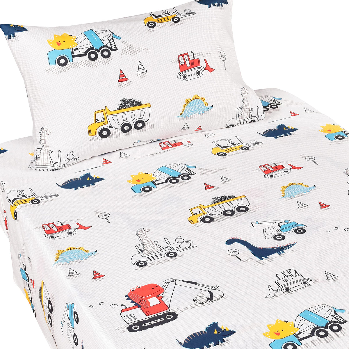 J-pinno Dinosaur Construction Work Digger Cars Vehicle Cute Cozy Fun Full Sheet Set for Kids Girls Children 100% Cotton Flat Sheet + Fitted Sheet + Piillowcase Bedding Set (Dinosaur, Full)