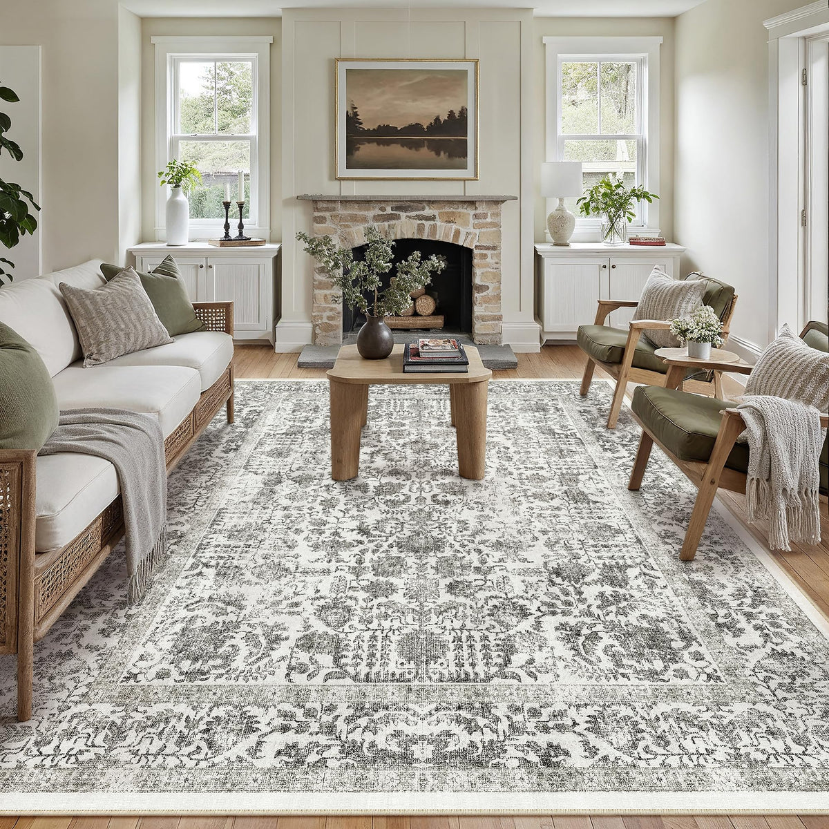 PureCozy Beige Area Rug 5x7 Vintage Farmhouse Floral