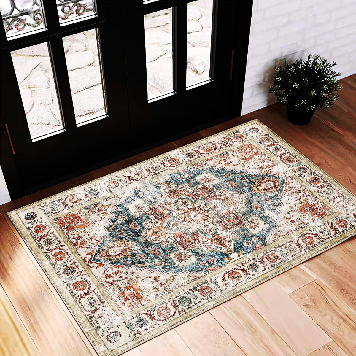 CHAMPLANT Area Rug 4x6 Washable Rug Gray Vintage Traditional Floor Cover Foldable Thin Retro Accent Indoor Distressed Non Slip Carpet Floral Print Mat Bedroom Living Room Bathroom