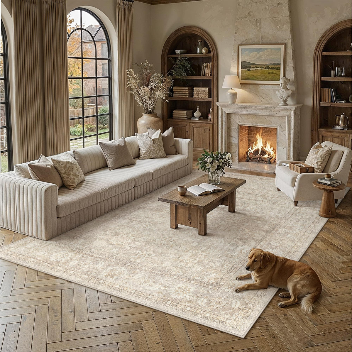 PureCozy 5x7 Beige Area Rug for Living Room Vintage Distressed
