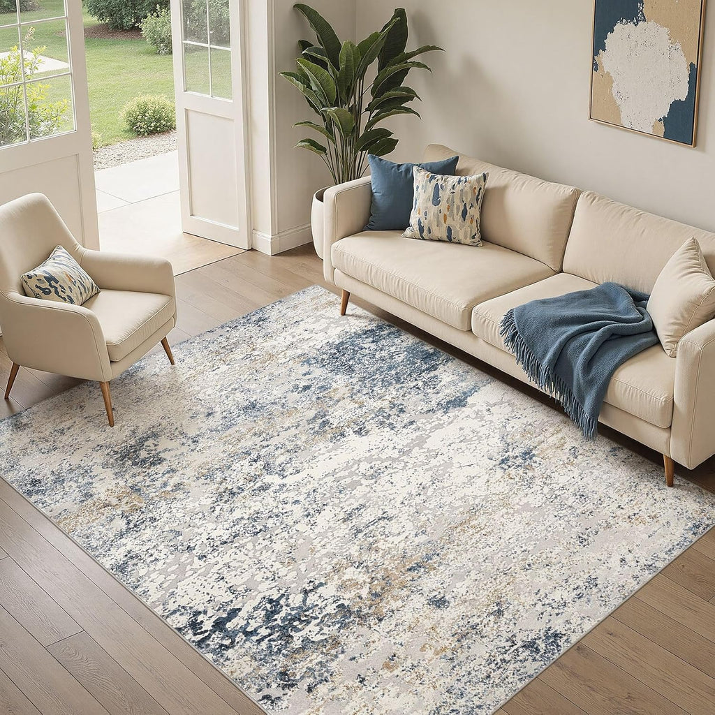 DMOYEST Area Rug Living Room Rugs 5x7 Washable Abstract Beige Blue Carpet