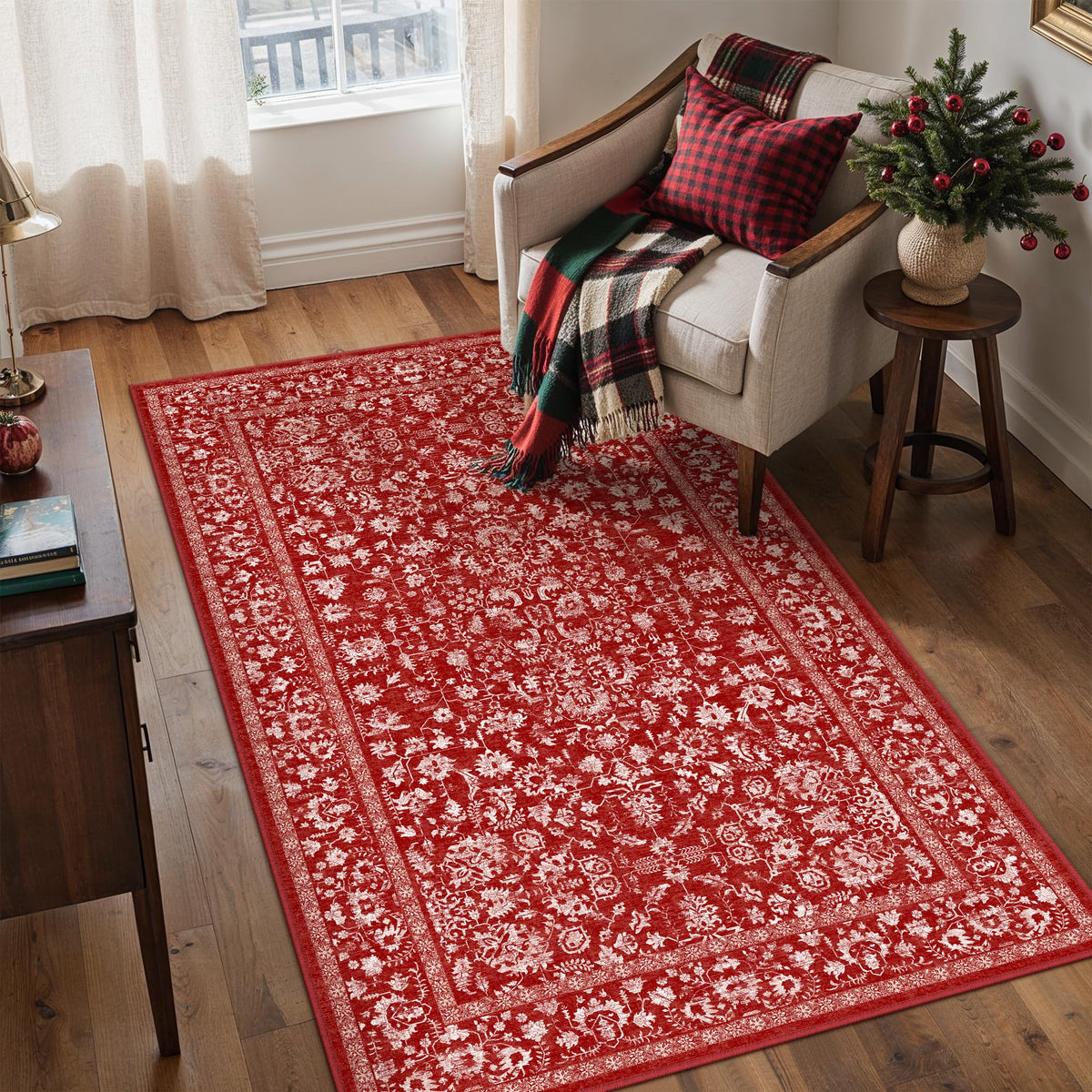 PureCozy Beige Area Rug 5x7 Vintage Farmhouse Floral