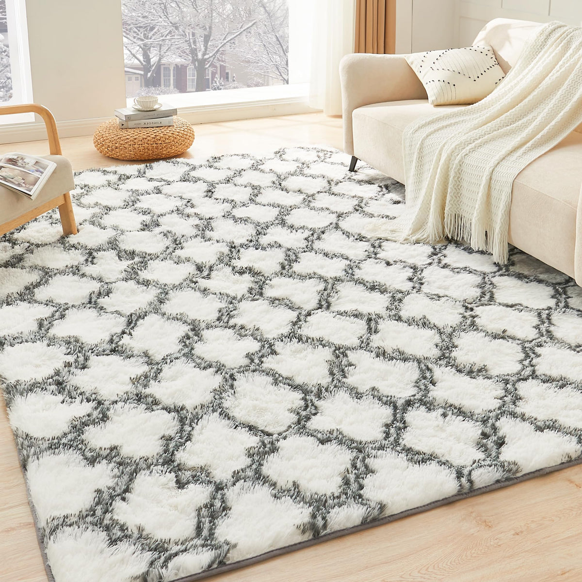 Litanika 4x6 Shag Area Rug for Bedroom, Tie-Dyed Beige Plush Rug