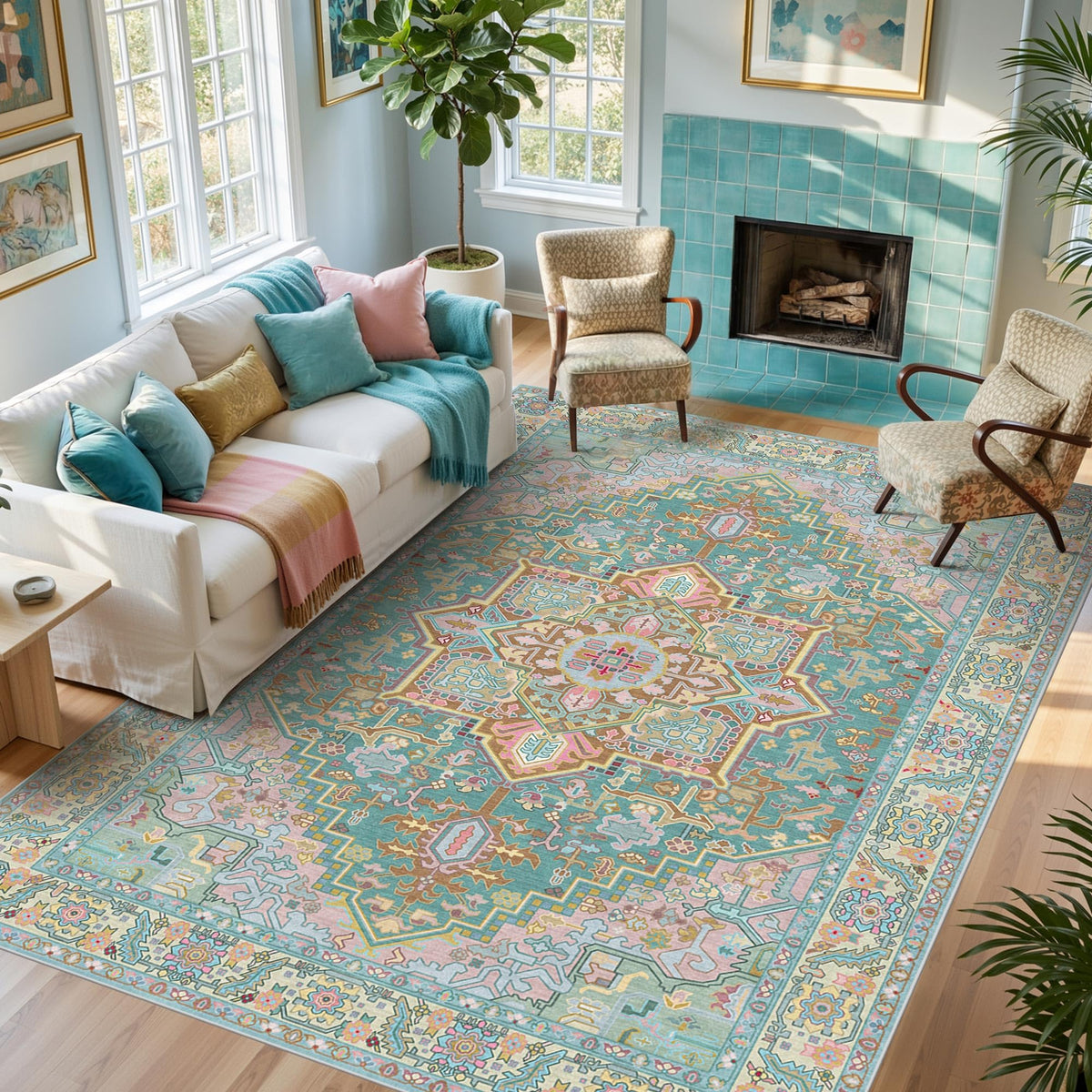 Kokia 9x12 Washable Area Rugs Maroon with Vintage Orient Design, Soft Rug for Living Room or Bedroom, Non-Slip Low Pile Stain Resistance Features, Distressed Medallion Pattern