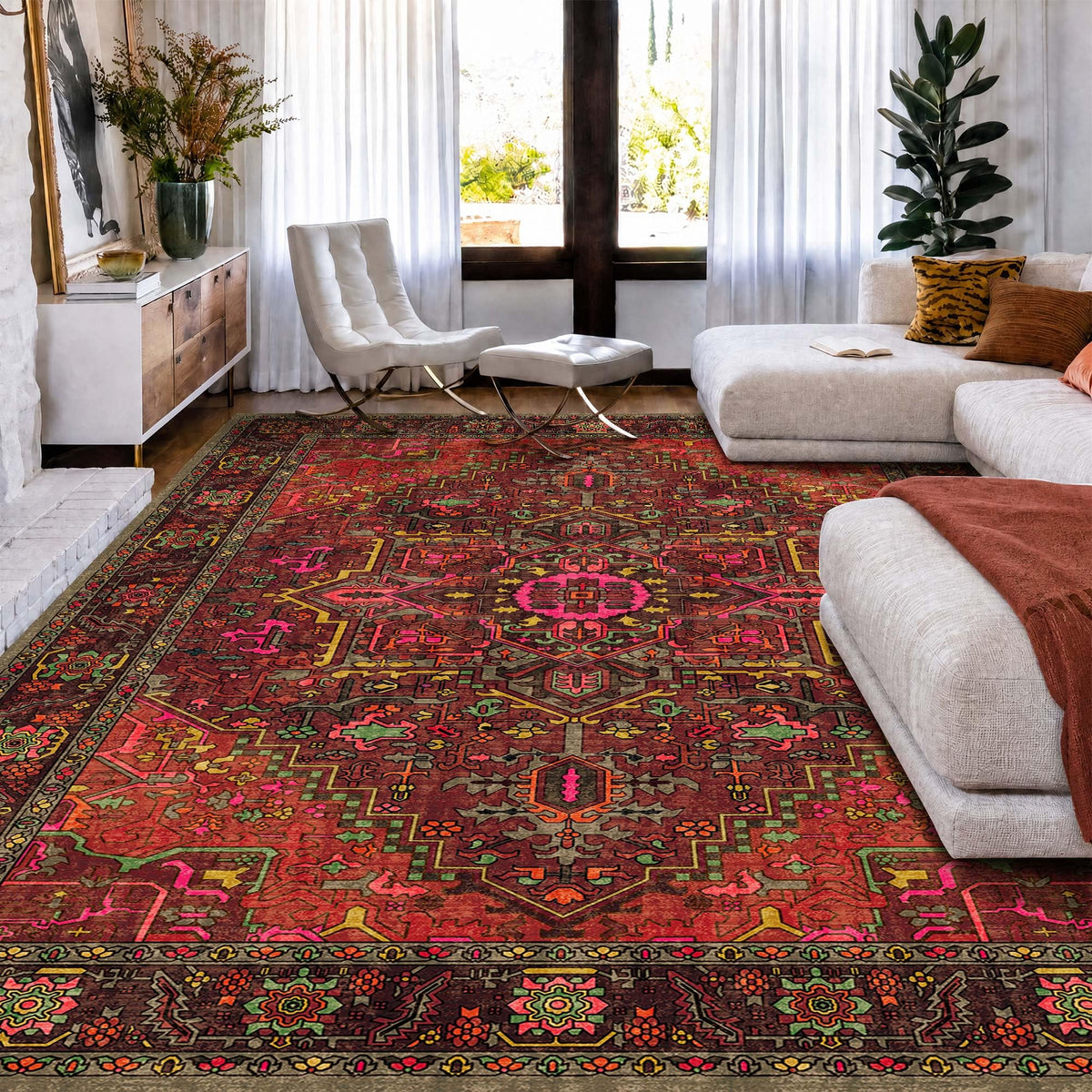 Kokia 9x12 Washable Area Rugs Maroon with Vintage Orient Design, Soft Rug for Living Room or Bedroom, Non-Slip Low Pile Stain Resistance Features, Distressed Medallion Pattern