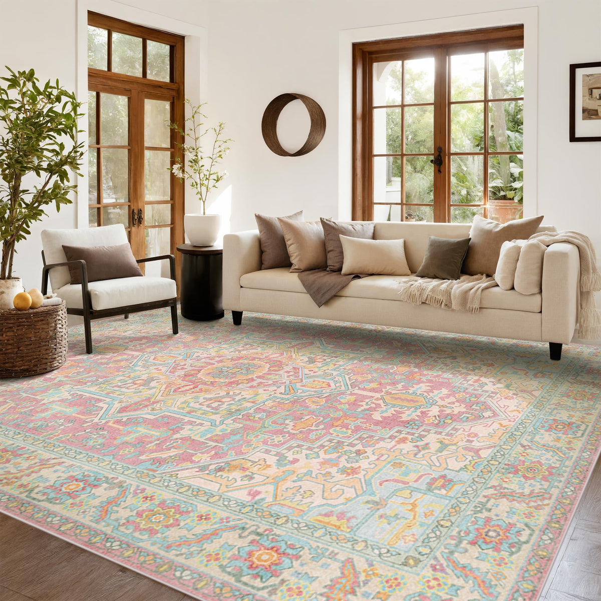 Kokia 9x12 Washable Area Rugs Maroon with Vintage Orient Design, Soft Rug for Living Room or Bedroom, Non-Slip Low Pile Stain Resistance Features, Distressed Medallion Pattern