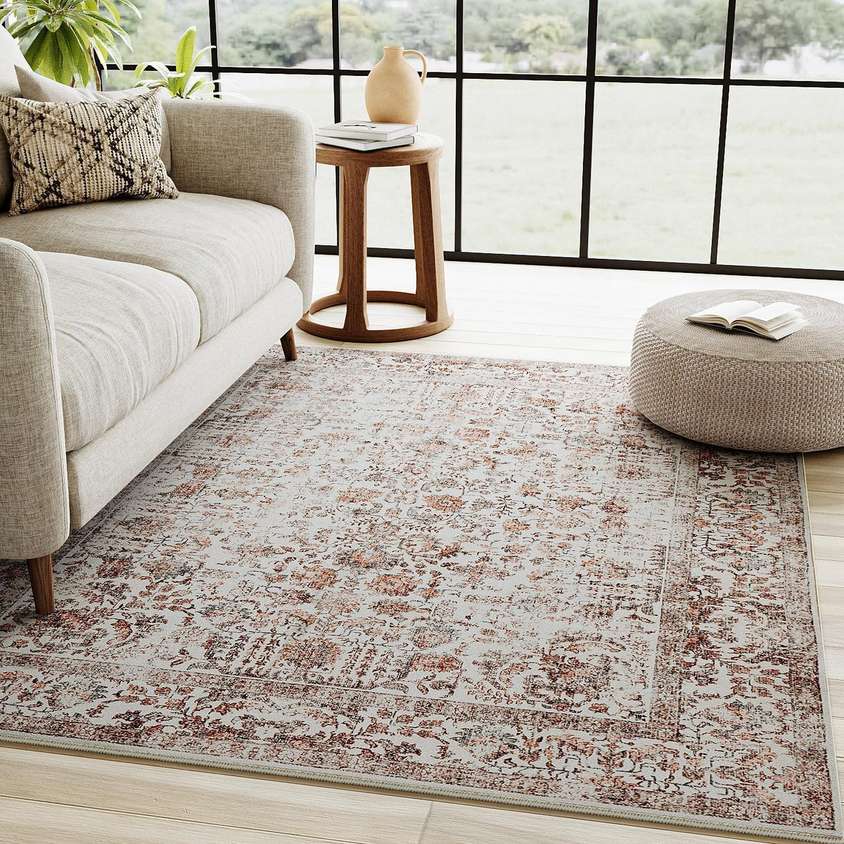 PureCozy Beige Area Rug 5x7 Vintage Farmhouse Floral