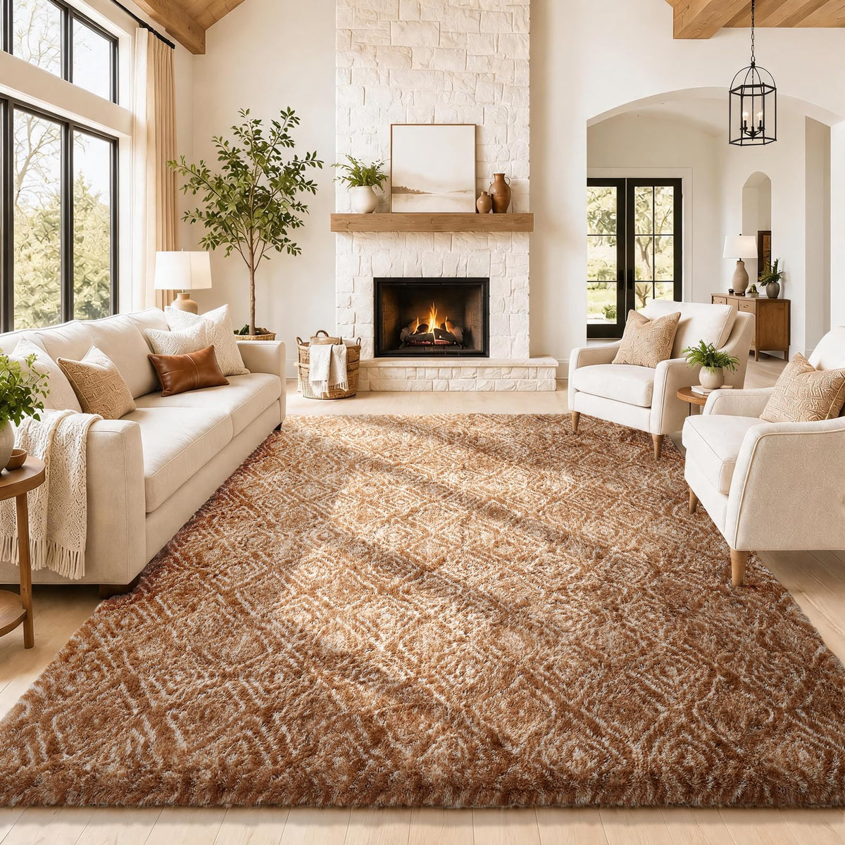Ophanie Round Rugs 5Ft Ivory Circle Area Rug,Baby Nursery Living Room Bedroom Decor Circular Carpet 5 Foot,Fluffy Fuzzy Shag Plush Cream for Kids Boys Girls Teen with Over 99 pcs Pile fibers