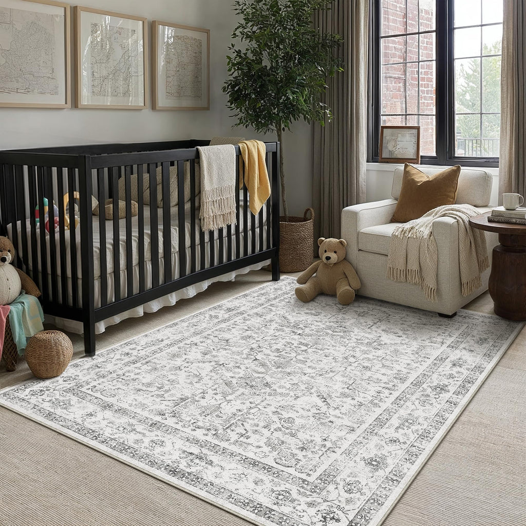 PureCozy Beige Area Rug 5x7 Vintage Farmhouse Floral