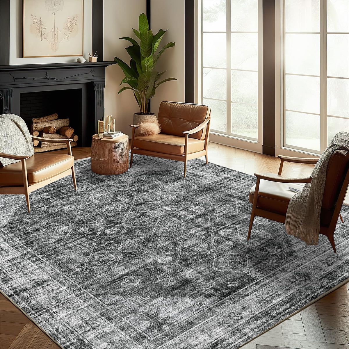 CHAMPLANT Area Rug 4x6 Washable Rug Gray Vintage Traditional Floor Cover Foldable Thin Retro Accent Indoor Distressed Non Slip Carpet Floral Print Mat Bedroom Living Room Bathroom