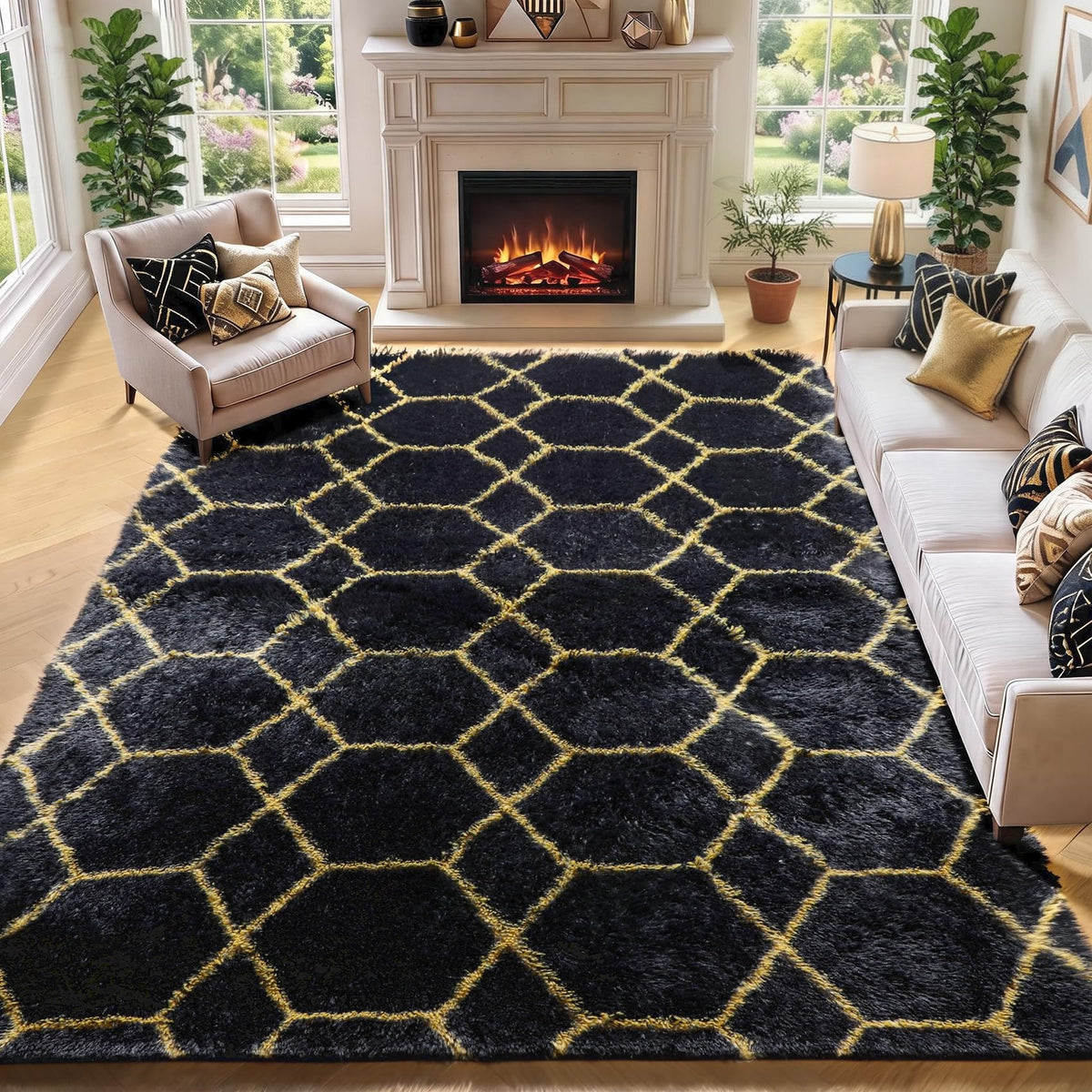 Area Rugs for Bedroom Living Room, 4x6 Fluffy Grey and Black Geometric Rug