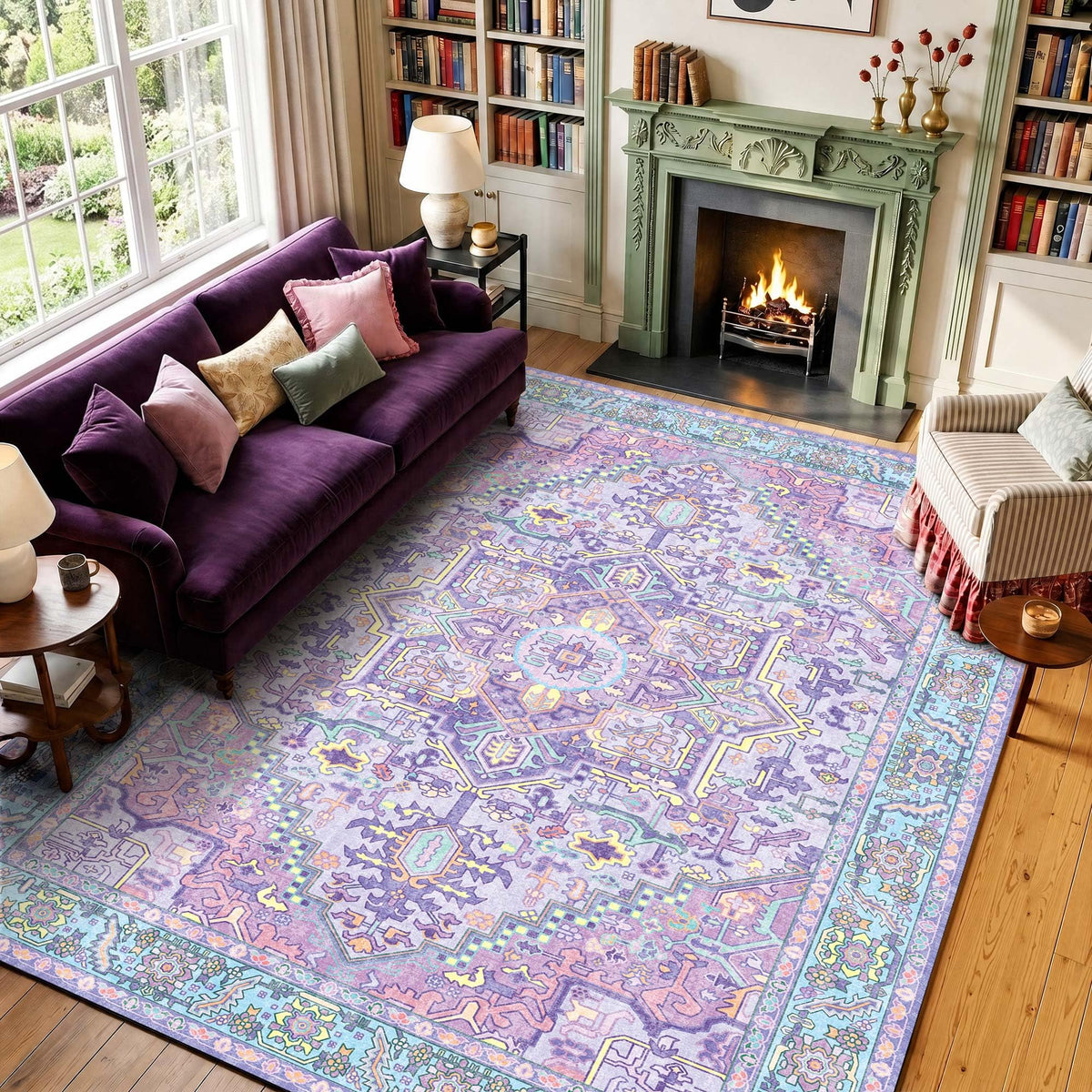 Kokia 9x12 Washable Area Rugs Maroon with Vintage Orient Design, Soft Rug for Living Room or Bedroom, Non-Slip Low Pile Stain Resistance Features, Distressed Medallion Pattern