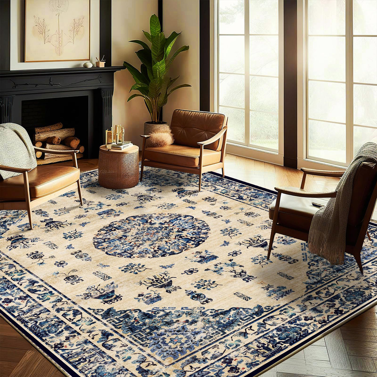 CHAMPLANT Area Rug 4x6 Washable Rug Gray Vintage Traditional Floor Cover Foldable Thin Retro Accent Indoor Distressed Non Slip Carpet Floral Print Mat Bedroom Living Room Bathroom