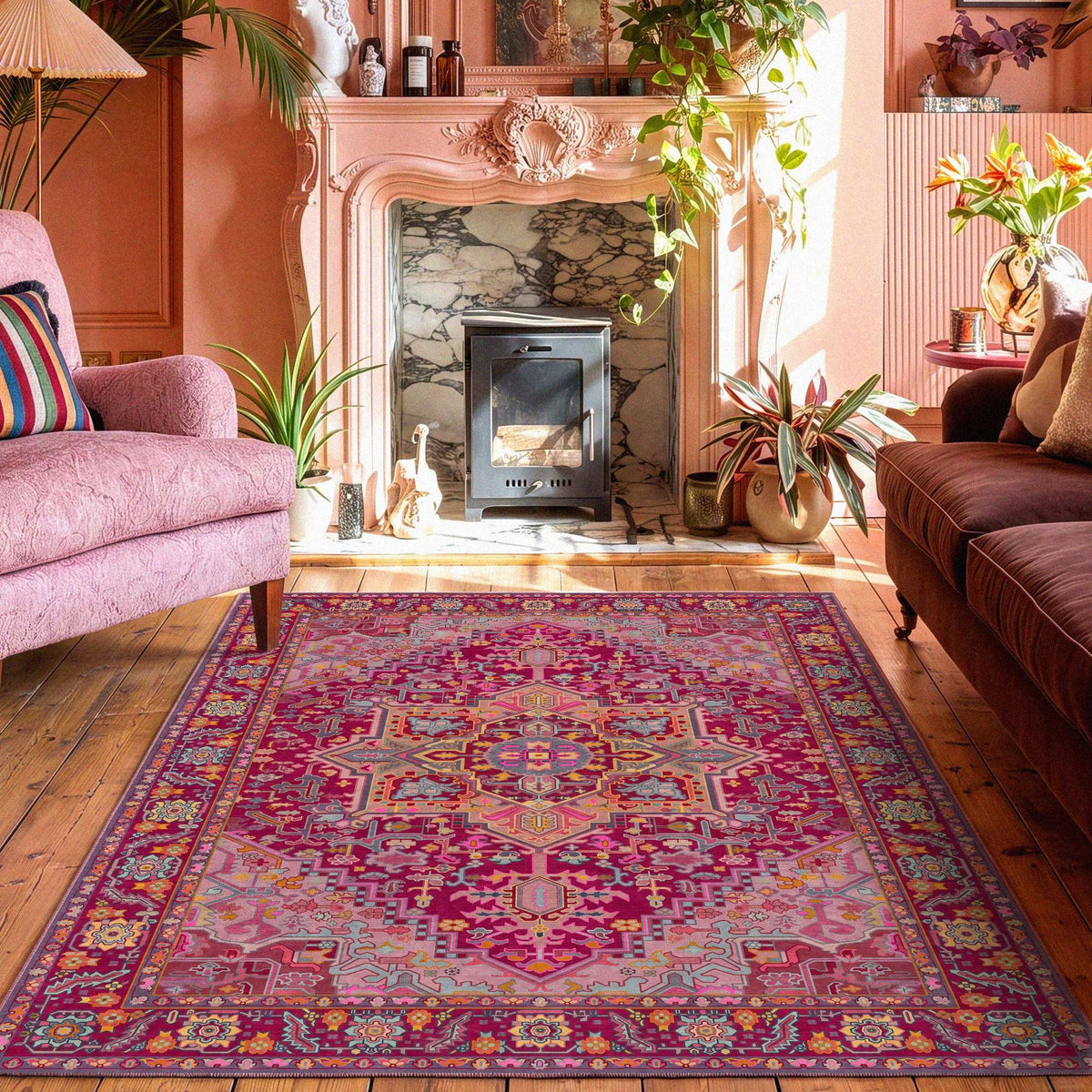 Kokia 9x12 Washable Area Rugs Maroon with Vintage Orient Design, Soft Rug for Living Room or Bedroom, Non-Slip Low Pile Stain Resistance Features, Distressed Medallion Pattern