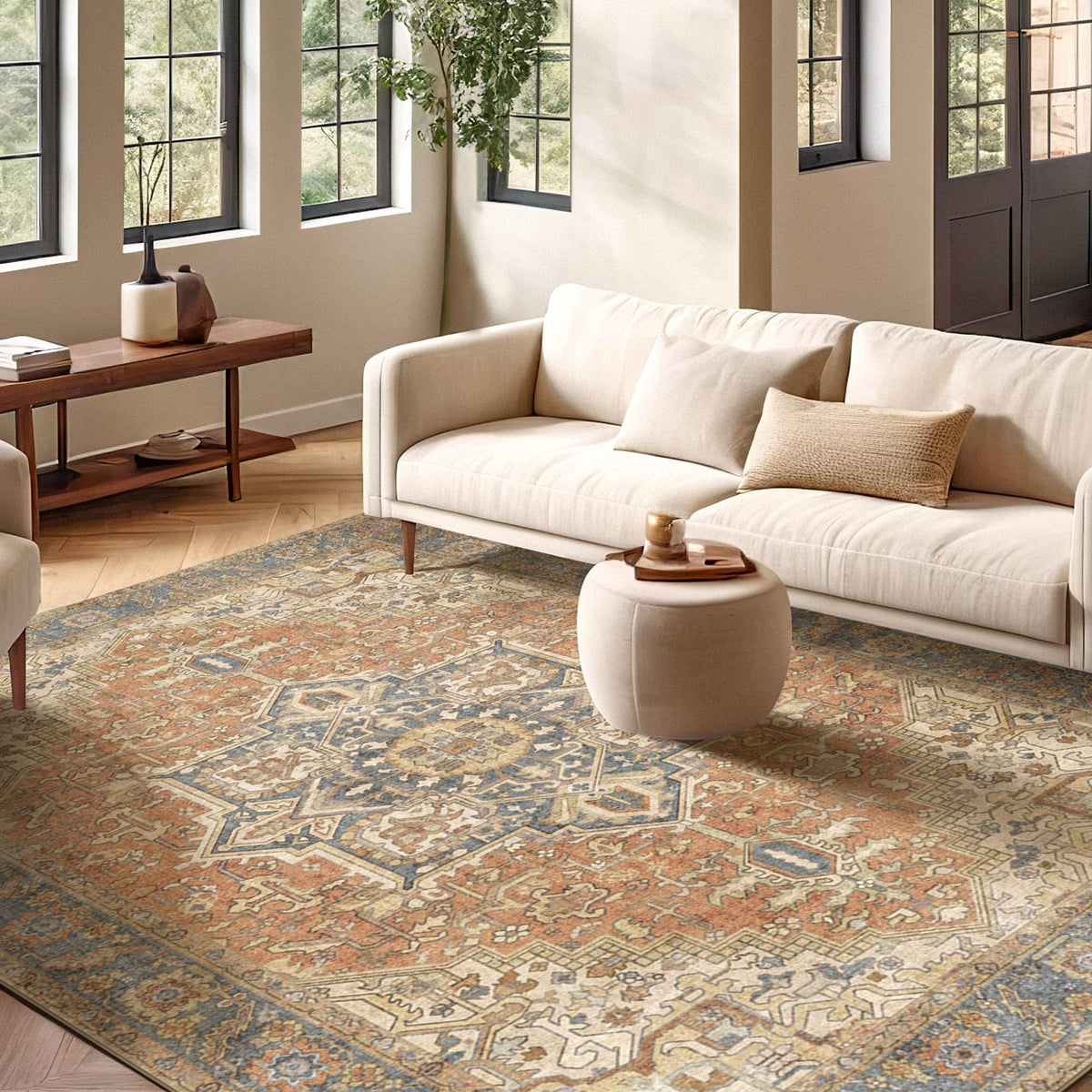 Kokia 9x12 Washable Area Rugs Maroon with Vintage Orient Design, Soft Rug for Living Room or Bedroom, Non-Slip Low Pile Stain Resistance Features, Distressed Medallion Pattern