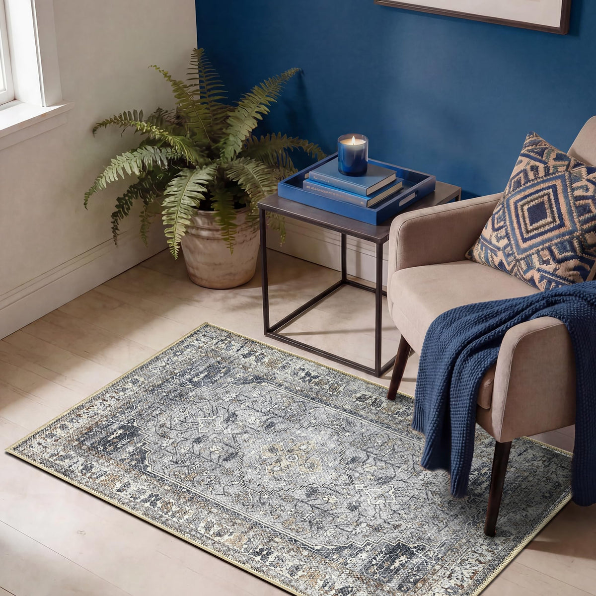 Keen Home Design Vintage Washable Area Rug, Non-Slip Low Pile, 5x7