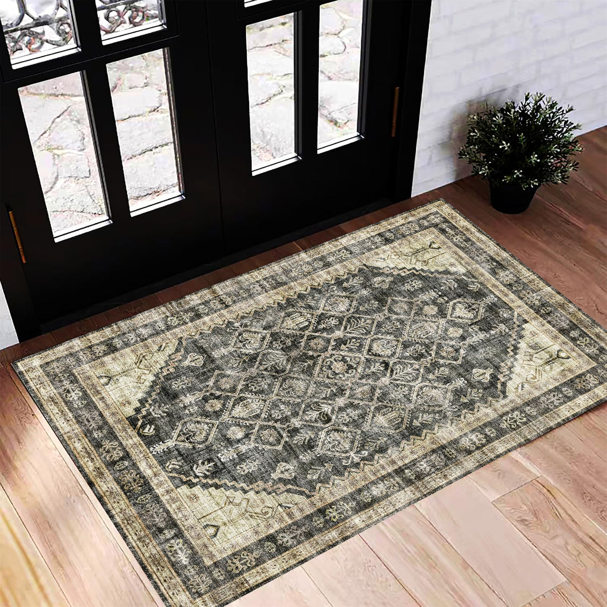 CHAMPLANT Area Rug 4x6 Washable Rug Gray Vintage Traditional Floor Cover Foldable Thin Retro Accent Indoor Distressed Non Slip Carpet Floral Print Mat Bedroom Living Room Bathroom