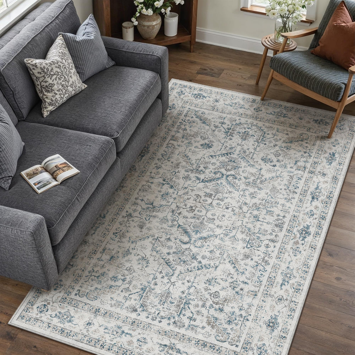 PureCozy Beige Area Rug 5x7 Vintage Farmhouse Floral