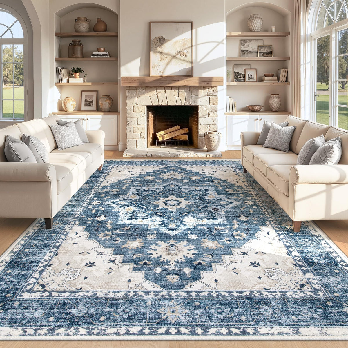 Area Rug 5x7 Vintage Rug: Washable Indoor Medallion Rugs Low Pile Distressed Floor Carpet Retro Accent Rug for Living Room Bedroom Kitchen Dining Table Home Office(Beige, 5'x7')