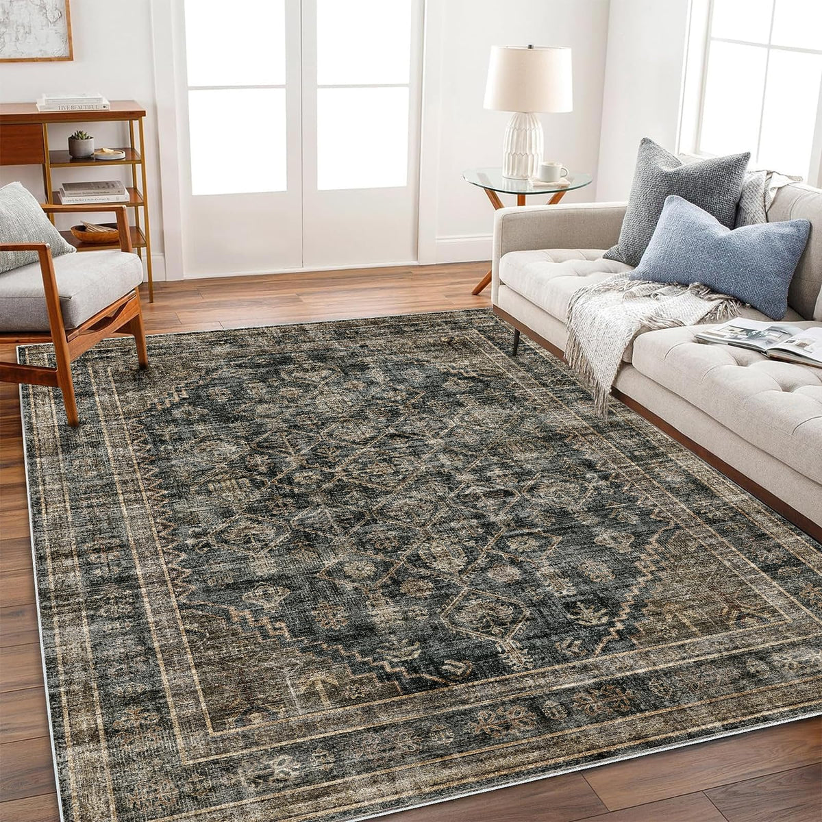 CHAMPLANT Area Rug 4x6 Washable Rug Gray Vintage Traditional Floor Cover Foldable Thin Retro Accent Indoor Distressed Non Slip Carpet Floral Print Mat Bedroom Living Room Bathroom