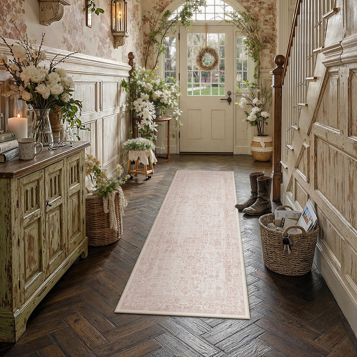 PureCozy Beige Area Rug 5x7 Vintage Farmhouse Floral