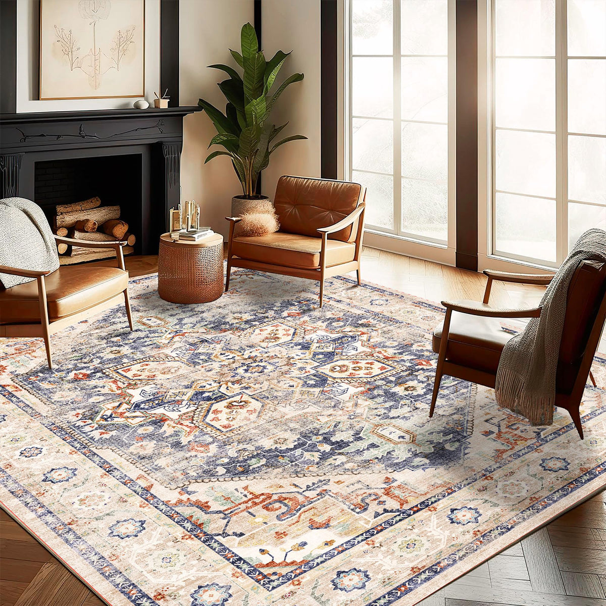 CHAMPLANT Area Rug 4x6 Washable Rug Gray Vintage Traditional Floor Cover Foldable Thin Retro Accent Indoor Distressed Non Slip Carpet Floral Print Mat Bedroom Living Room Bathroom