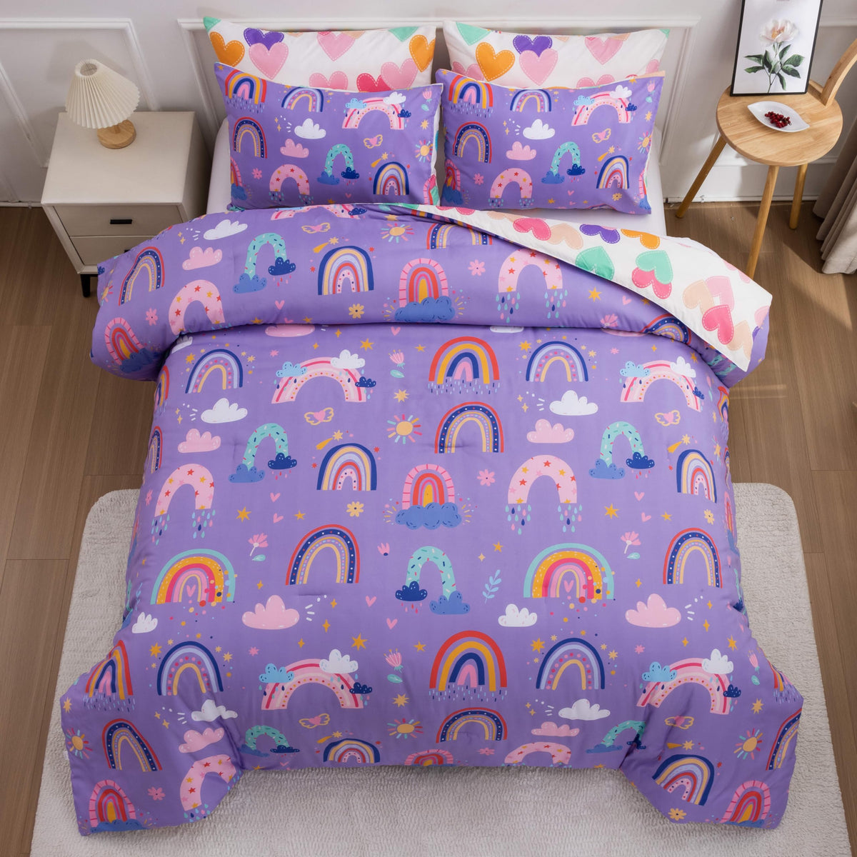 Btargot Lightweight Soft 3 Piece Rainbow Comforter Set with 2 Pillow Covers, Cartoon Love Hearts Flowers and Grass Bedding Set for Girls Boys Kids, Full Multi-Color