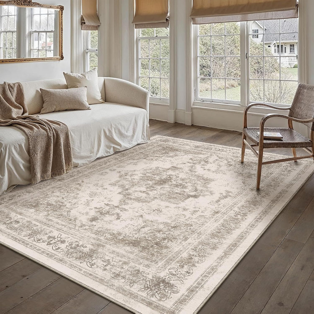PureCozy Beige Area Rug 5x7 Vintage Farmhouse Floral