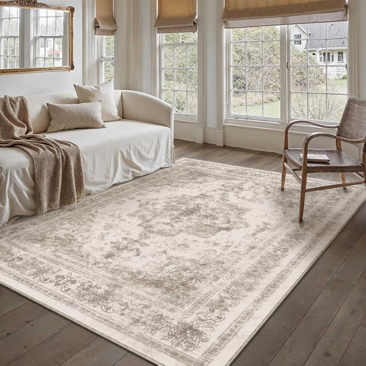 PureCozy Beige Area Rug 5x7 Vintage Farmhouse Floral